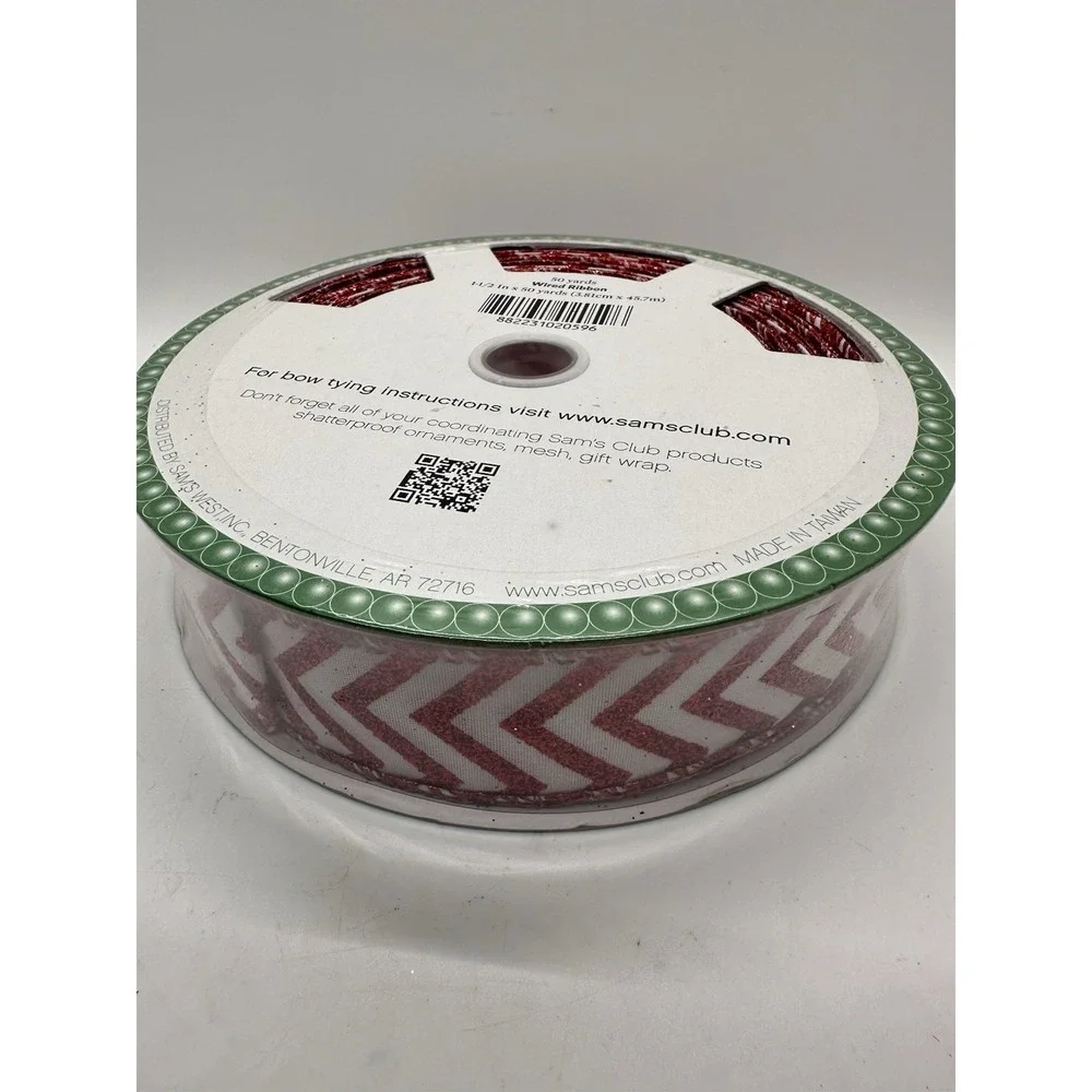 50‎ Yards Wired Ribbon Red Glitter Chevron Stripe 1.5